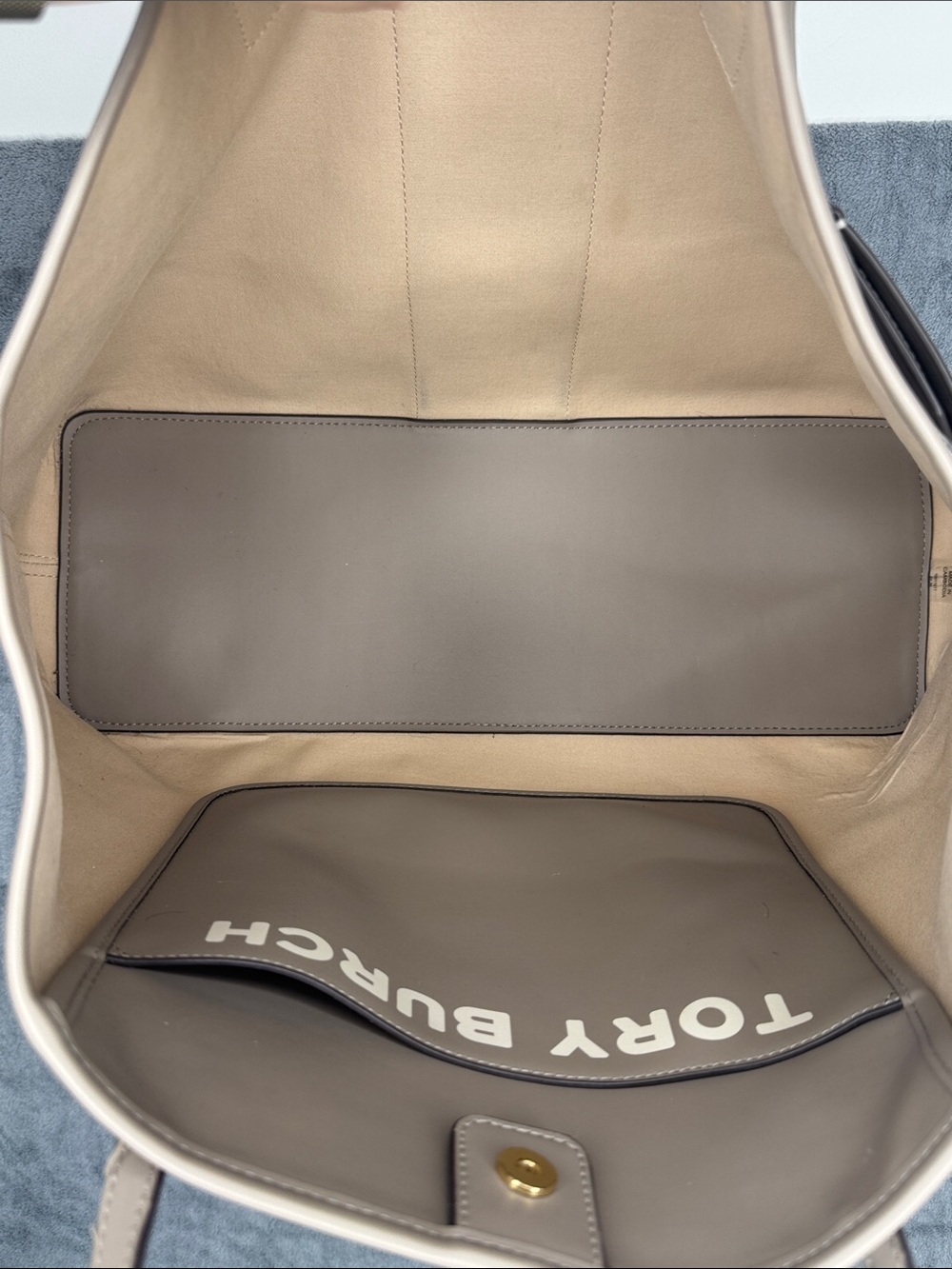 Tory Burch Taupe Canvas Tote with Navy & Cream Center Stripe - Picture 4 of 7